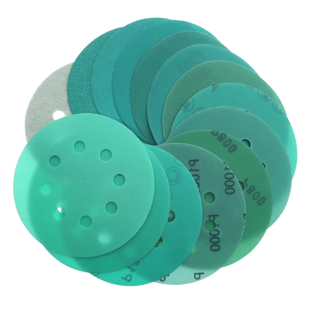 

10Pcs 5 Inch 125mm 8 Holes 60 to 2000 Grits Hook and Loop Green Film Sanding Disc