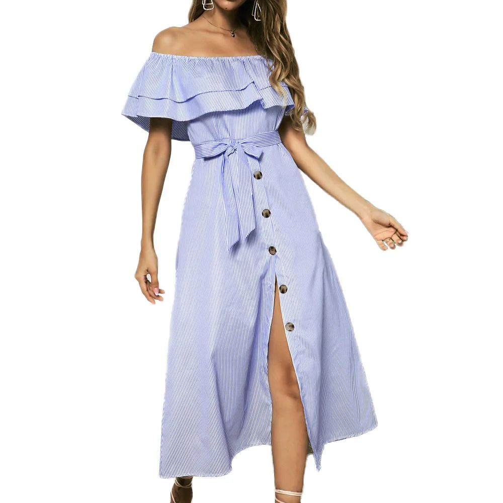 Women summer button dresses off the shoulder Ruffles Princess A-line Sweet Stripped Print Dress | Женская одежда
