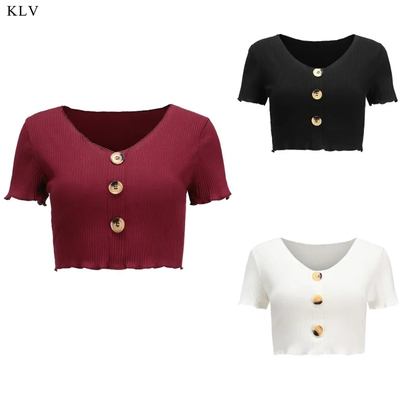 

KLV Women's Basic Short Sleeve Scoop Neck Button Crop Top