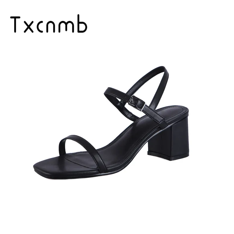

TXCNMB Fashion Design Square Toe Style Genuine leather Women Sandals 2019 Summer New High Heels Party wedding Shoes Woman