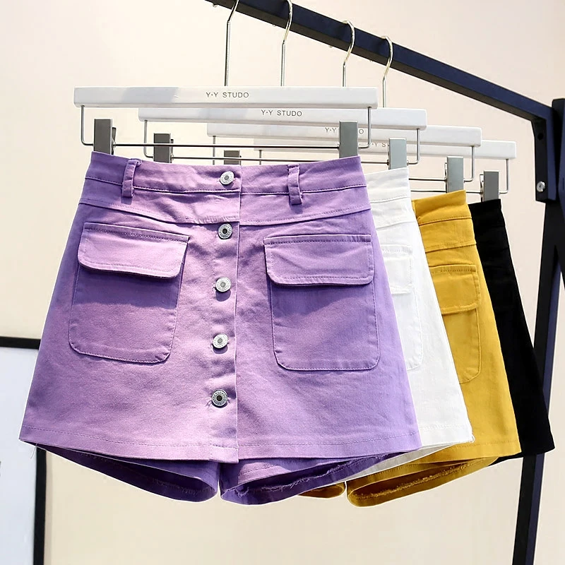 

2018 New Fashion Summer Women's High Waist Denim Shorts Pure Color Student Female Single-breasted Skirt Shorts