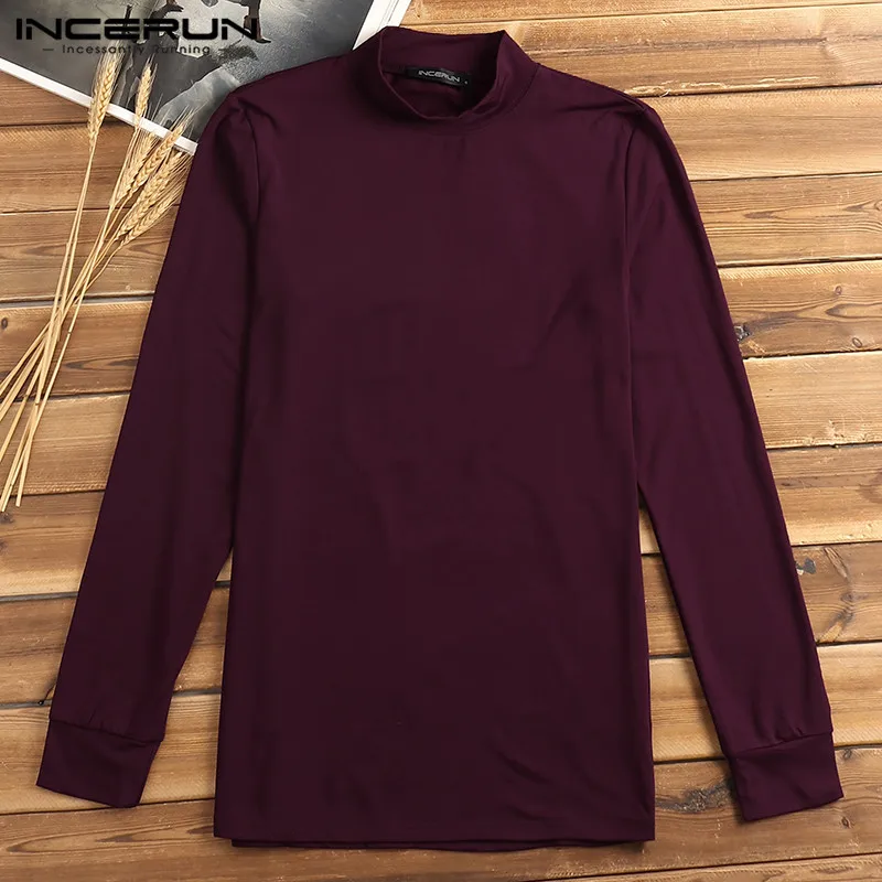 INCERUN Basic Loungewear термобелье, топы, теплые, мужское новое нижнее белье с длинным рукавом, водолазка, однотонная, облегающая футболка S-5XL - Цвет: Wine Red