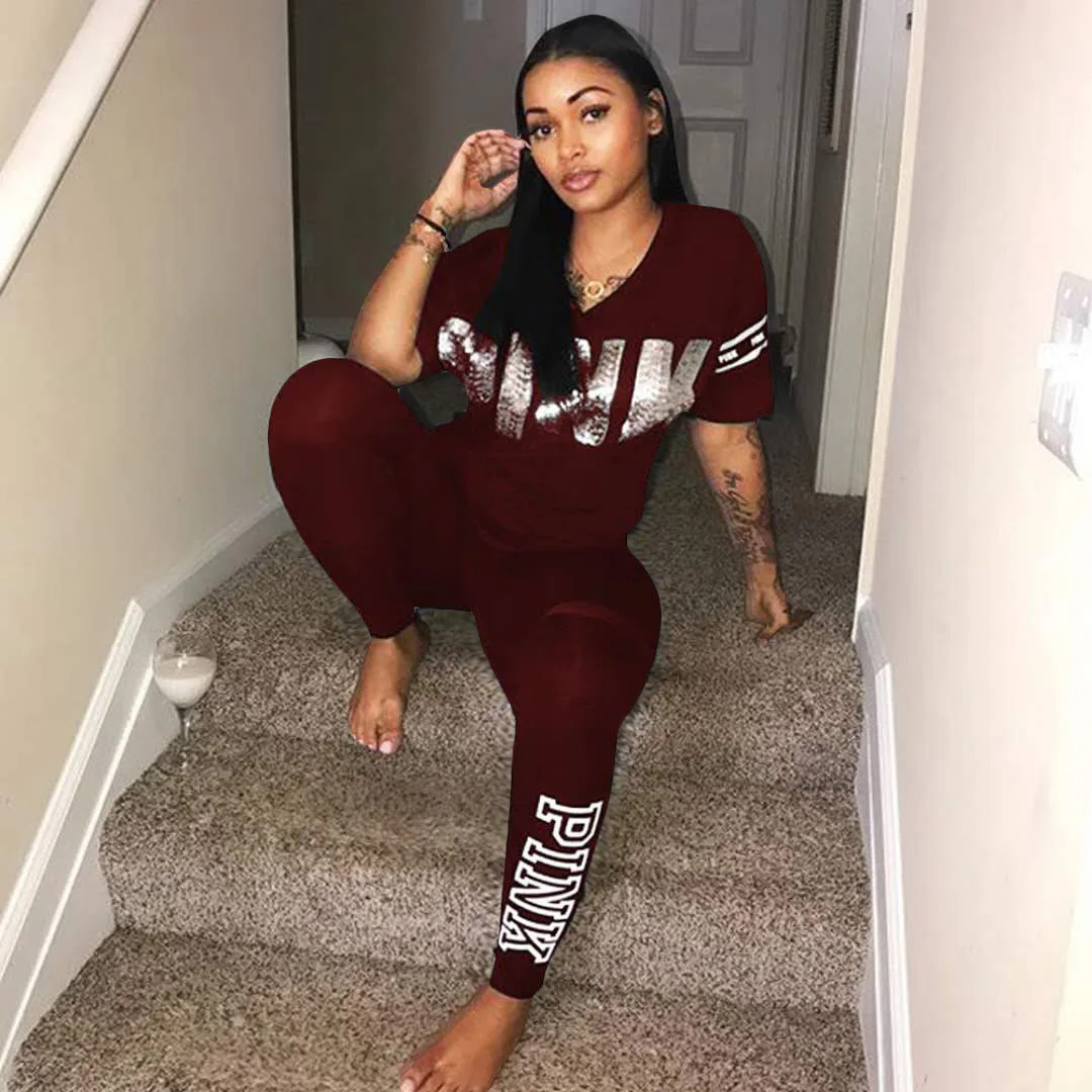 Letter print Pink fashion Suit Set 2019 Women Tracksuit Two-piece Sport Style Outfit Jogging Sweatshirt Fitness Lounge Sportwear