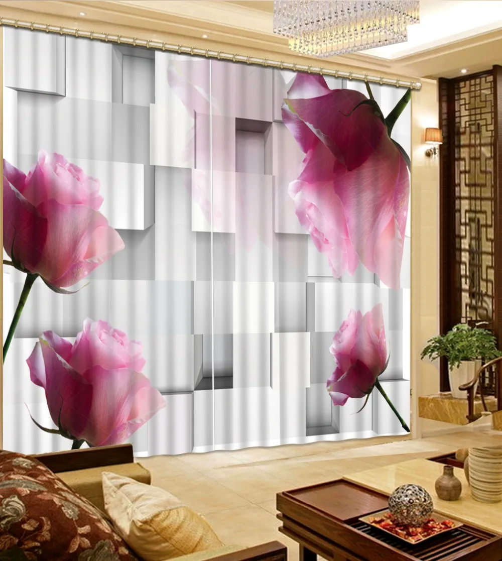 Home Decor Living Room Natural Art pink flower rose custom curtain
