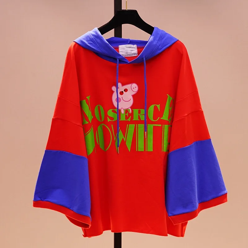 Хлопковая новая Корейская версия модная Женская толстовка с принтом свободного кроя с капюшоном летучая мышь свитер Женская куртка