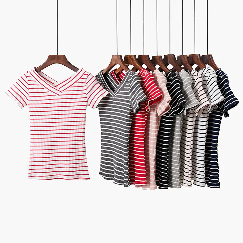 

2019 New Knitted fabric V-neck striped high stretch elastic short sleeve T shirt blouse women tshirt