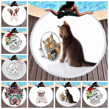 

Funny Cartoon Cat Dog Printed Round Beach Towel With Tassels Microfiber Bath Towels for Adults Yoga Mat Picnic Travel Blanket