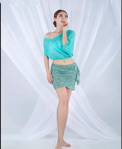

2019 Summer Short Sleeve Bellydance Practice Wear Sexy Mesh Top Short Skirt Dancer Performance Show Outfit Mint
