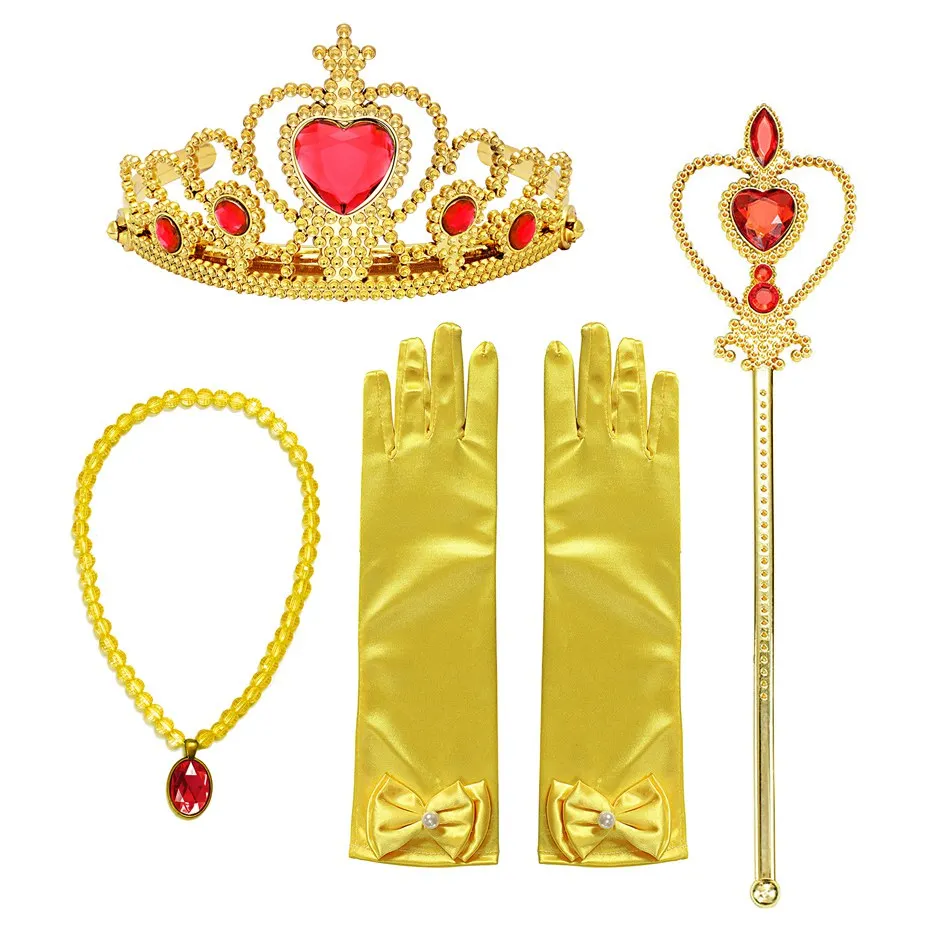VOGUEON Girls Belle Sofia Elsa Aurora Princess Accessories Magic Wand Crown Necklace Gloves Rings Earrings Set Children Dress UP - Цвет: Yellow 5 Pcs