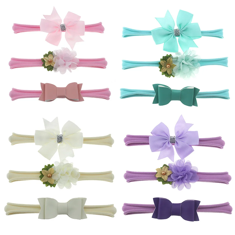 

Nishine 3pcs/lot Florals Nylon Headband Newborn Baby Elastic Princess Bows Hairbands Children Kids Cute Headwear Gifts Sets