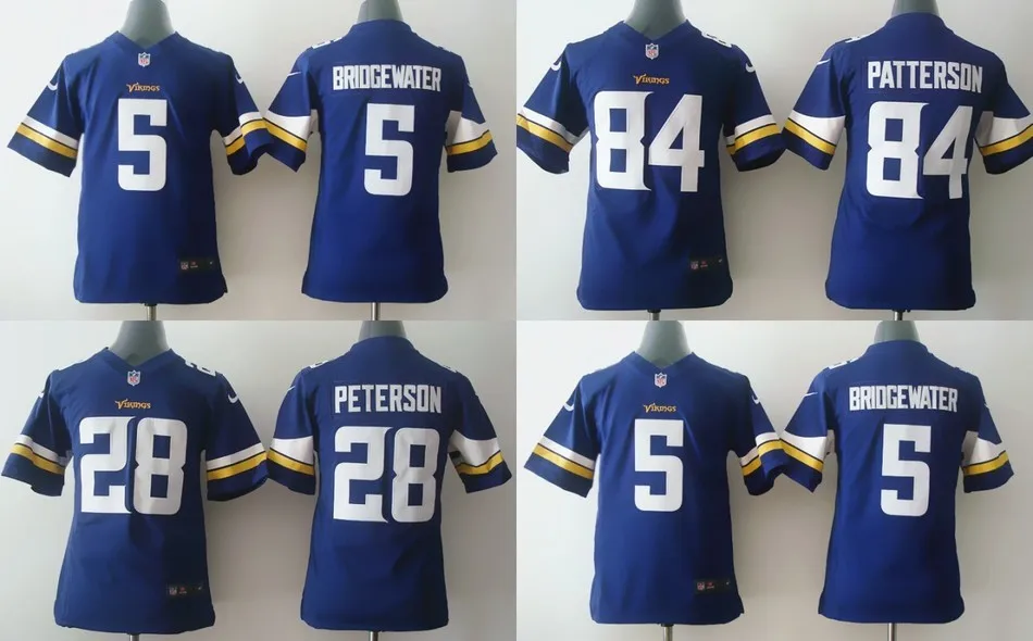 Все сшиты Молодежи Minnesota Vikings Детей детей #5 Тедди Бриджуотер 28 Адриан Петерсон 84