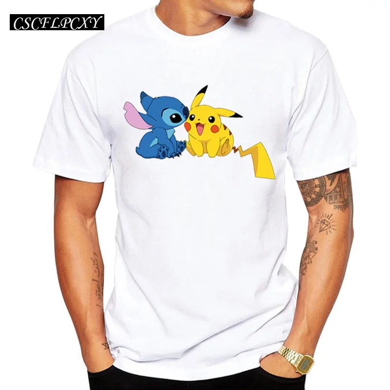 

Go Men T-shirt Fashion Pikachu Stitch Tops Pikachu In Thor Armor Printed t shirts Short Sleeve Hipster Comics tee