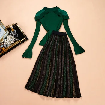 

2019 New Arrival Russian Stylish Women's Knitting Skirt Suits Knit Tops A-line Skirt Green Ruffles Casual Two Pieces Sets