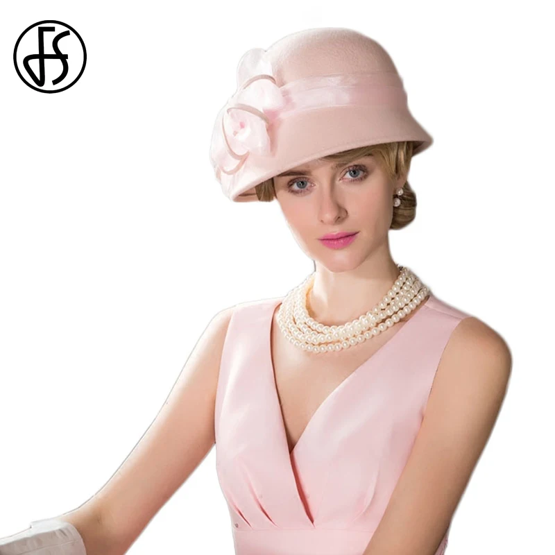 

FS 100% Wool Ladies Felt Hats Autumn Hat Women Pink Wide Brim Fedora Elegant Bow Bowler Formal For Fashion Floppy Cloche Hats