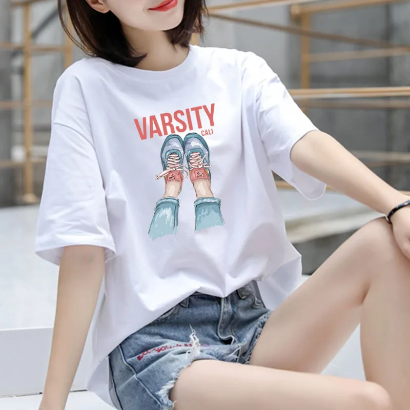 

Women's Short Sleeve T-shirt Cotton White Round Neck Loose Women's Half Sleeve Top New Summer Style 2019