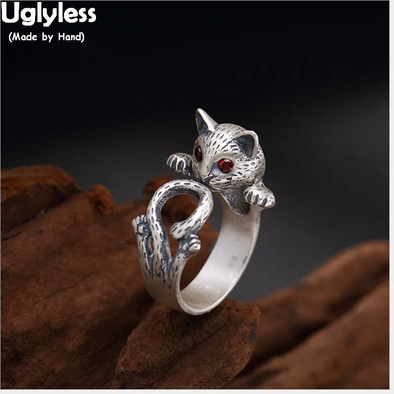 

Ювелирные изделия Uglyless из настоящего серебра 990 пробы, киска, кошка, девушки, кольца с милыми кошками, тайские серебряные креативные кольца с животными для женщин, бижутерия с гранатом