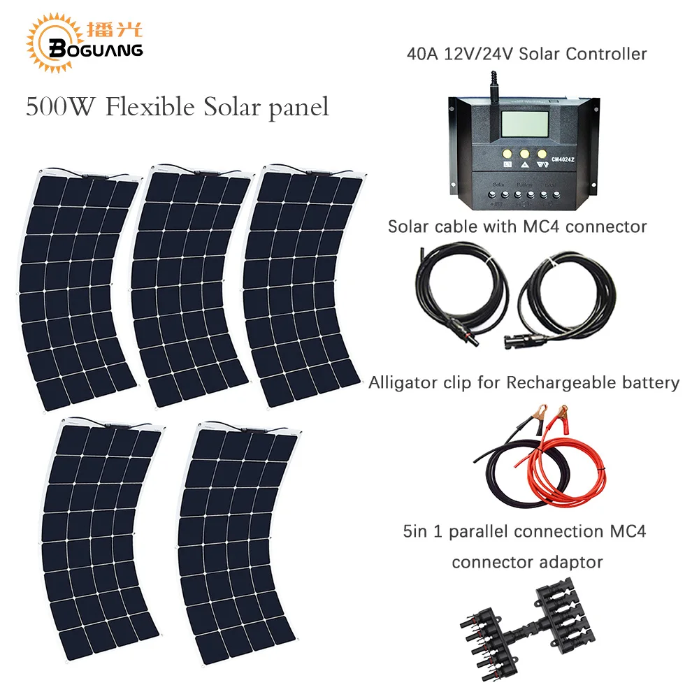 

Boguang Standard Kits 500W DIY RV/Boat Kits Solar System 100W flexible solar panel+controller+cable outdoor light led module.