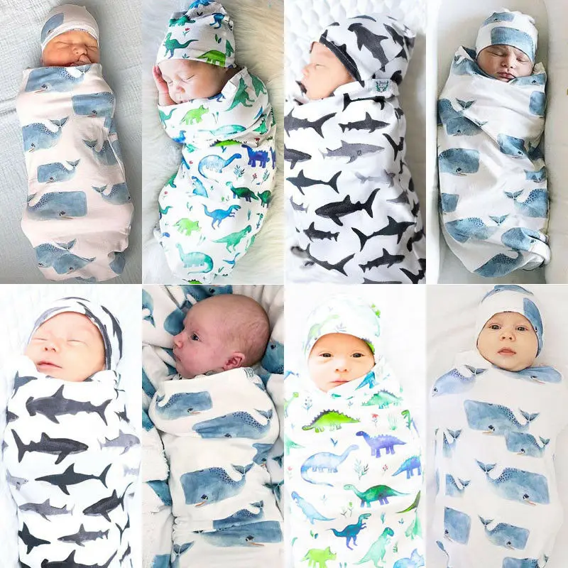 

Newborn Baby Shark Blanket Swaddle Muslin Wrap Swaddling Sleeping Bag+Hat 2PCS Baby Clothes
