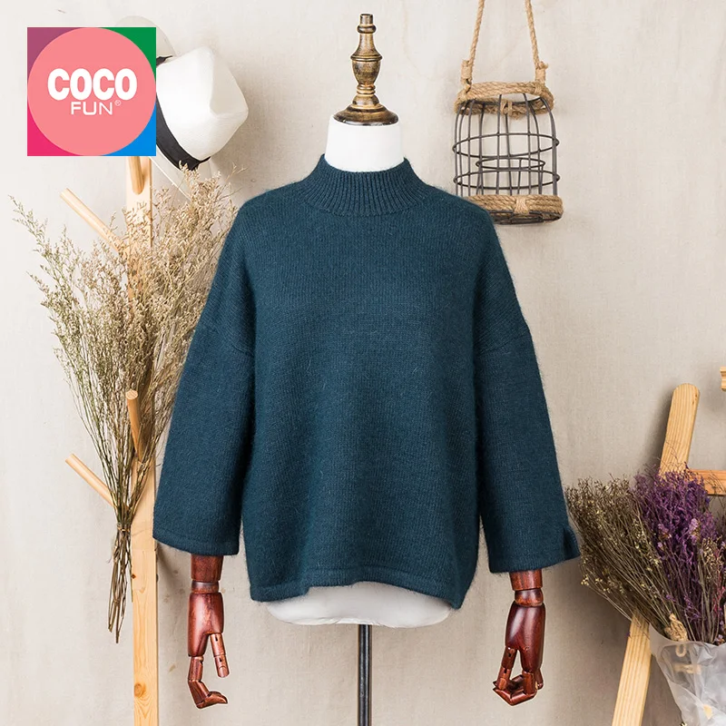 2018 Autumn Spring Winter Causal Cashmere Soft Turtleneck Pullover Three Quarter Sleeve Olive Green Loose Sweater CoCoFun | Женская