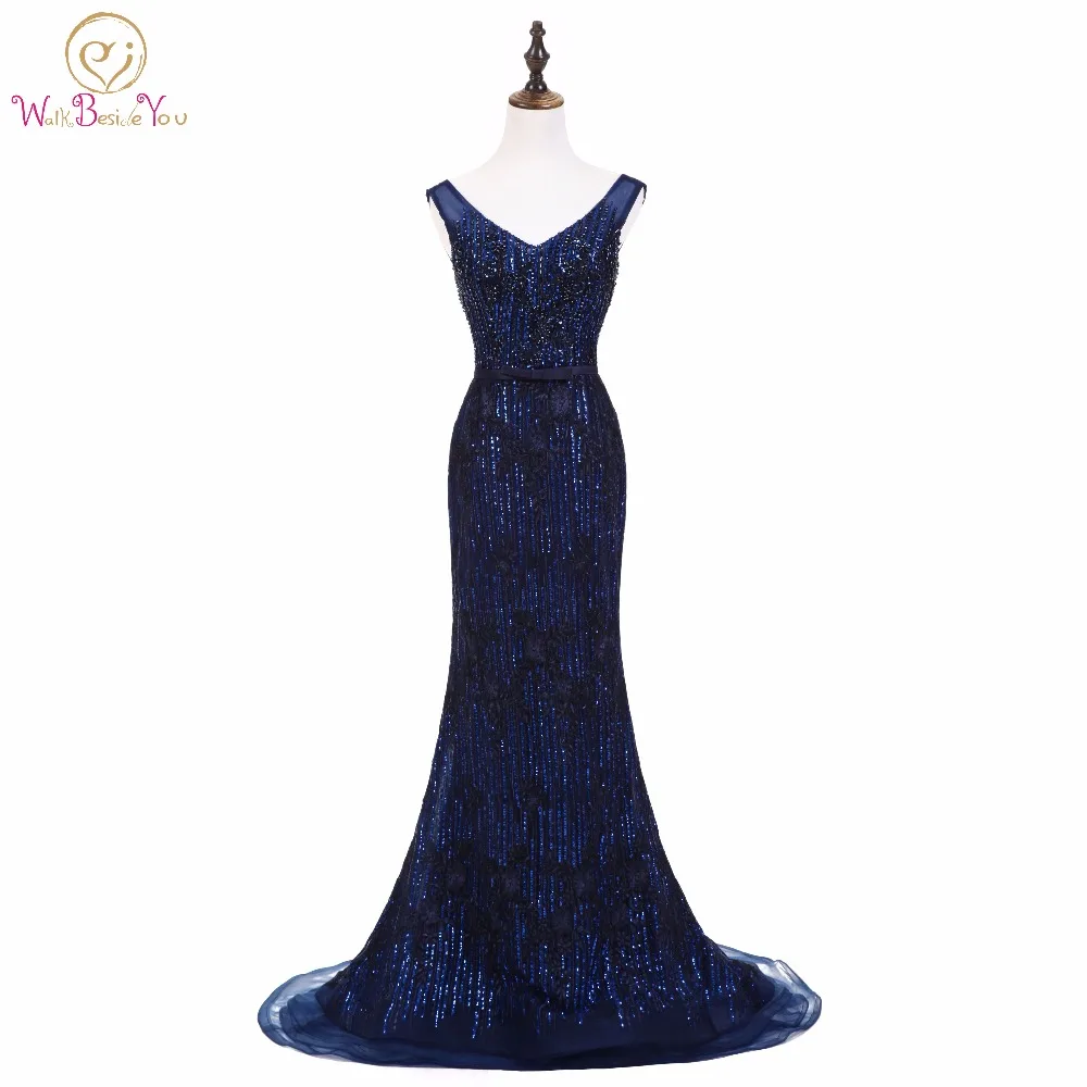 Walk Beside You Sexy Sequined Evening Dresses Long V-neck Mermaid Lace Applique Dark Blue Formal Party Prom Gowns In Stock Walk Beside You Sexy Sequined Evening Dresses Long V-neck Mermaid Lace Applique Dark Blue Formal Party Prom Gowns In Stock