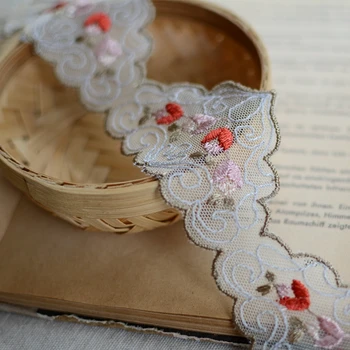 

5cm or 5inch wide -15yards/lot Embroidered Floral Tulle Lace Trim~Dark Olive+Red+Pink+Light Dusty Blue~Gorgeous Beauty~