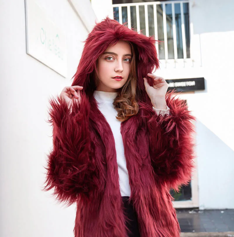 

2019 New Fashion Warm Hooded Long Sleeve Faux Fur Coat Jacket Plus Size Fluffy Warm Outwear Autumn Winter Hairy Overcoat woman