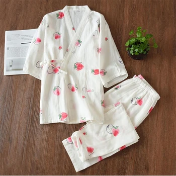 

2020 Japanese style night gown suits for women kimono pajama set with pants ladies 2 pieces home wear summer wrap sleepsuit