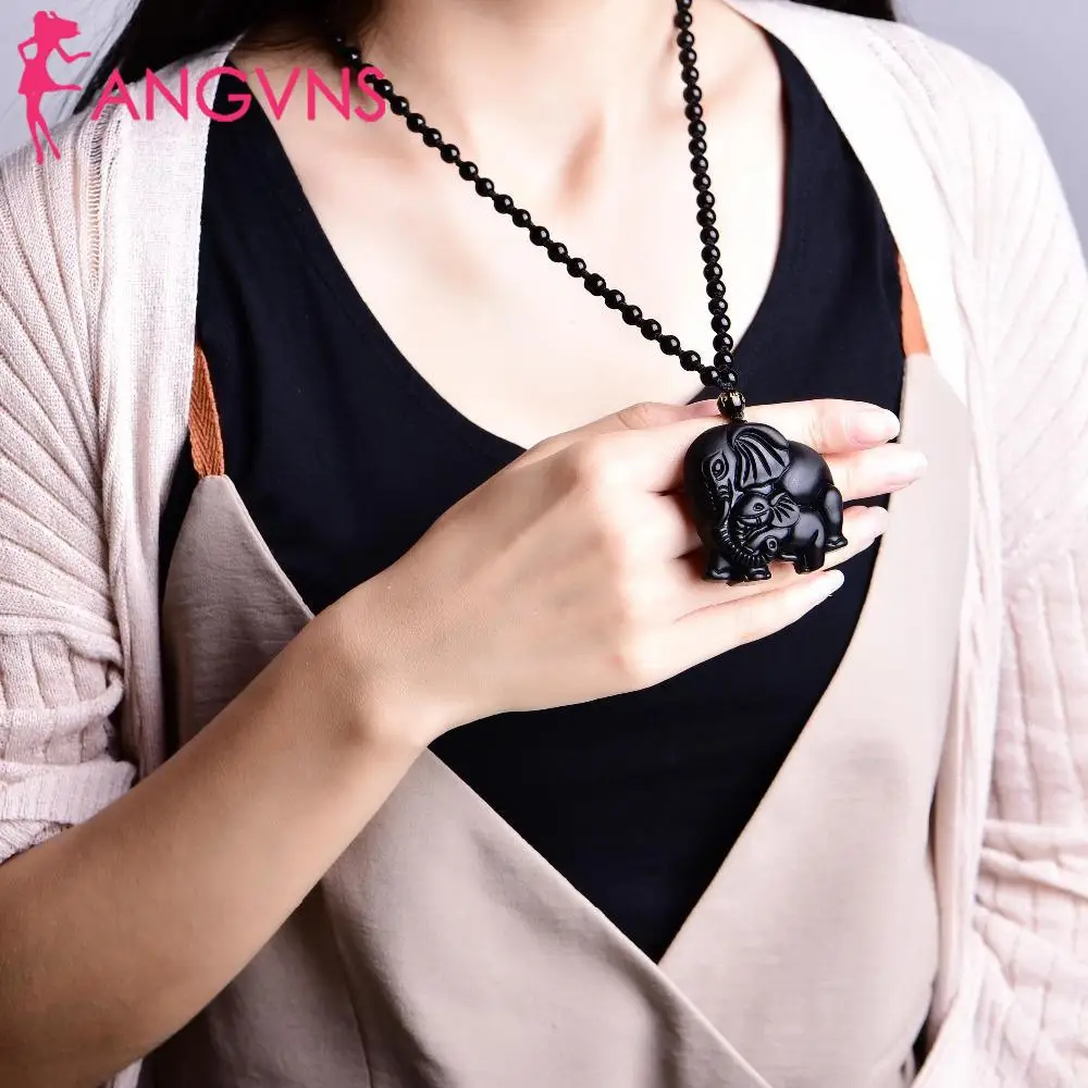ANGVNS Necklace Elephant Natural Fashion Cute Lucky Jewelry Amulet Pendant Mother Obsidian Chinese Carved Black Handwork Fashion Jewelry