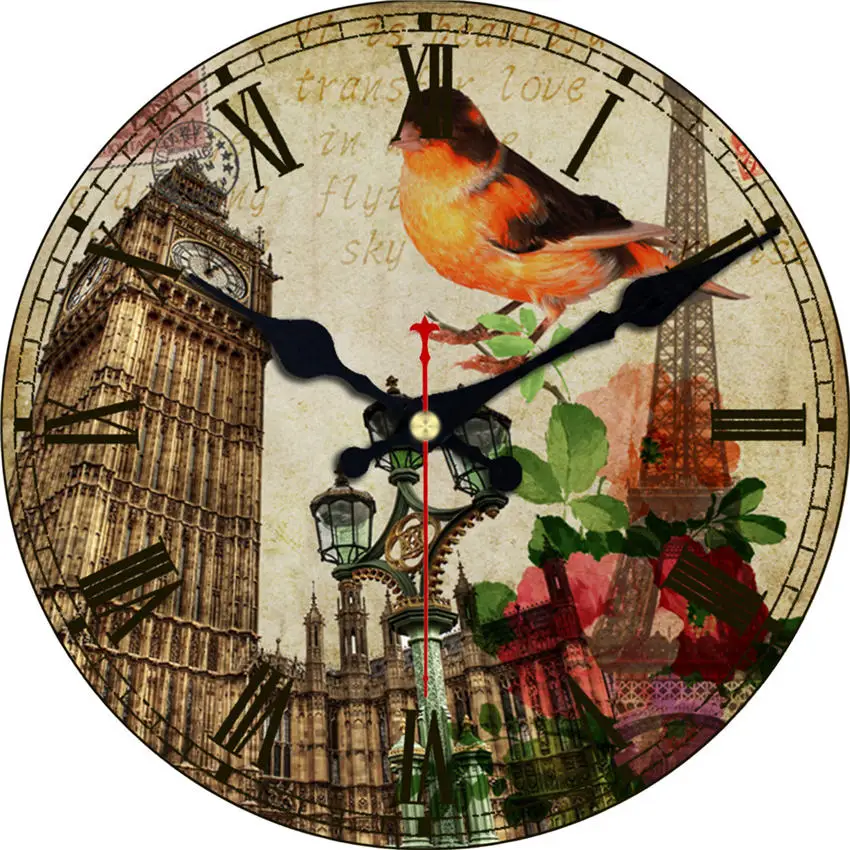 WONZOM Кухня Вино современный стиль деревянные картонные часы, цветы круглые Настенные часы для домашнего декора гостиной не тикающий звук - Цвет: Bird Wall Clock 19