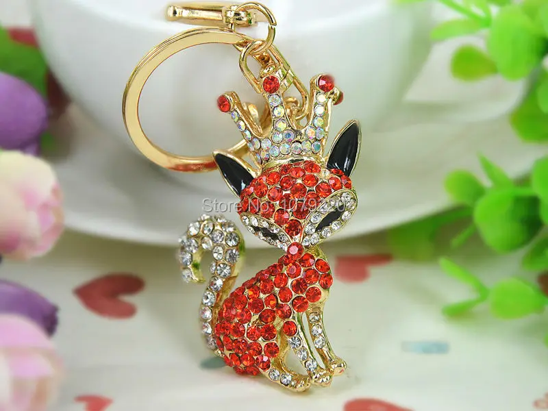 Crown Fox Fashion Beauty Keyring 18K Gold Plated Rhinestone Crystal Charm Jewellery Women Bag Pendant Car Key Chain Gift