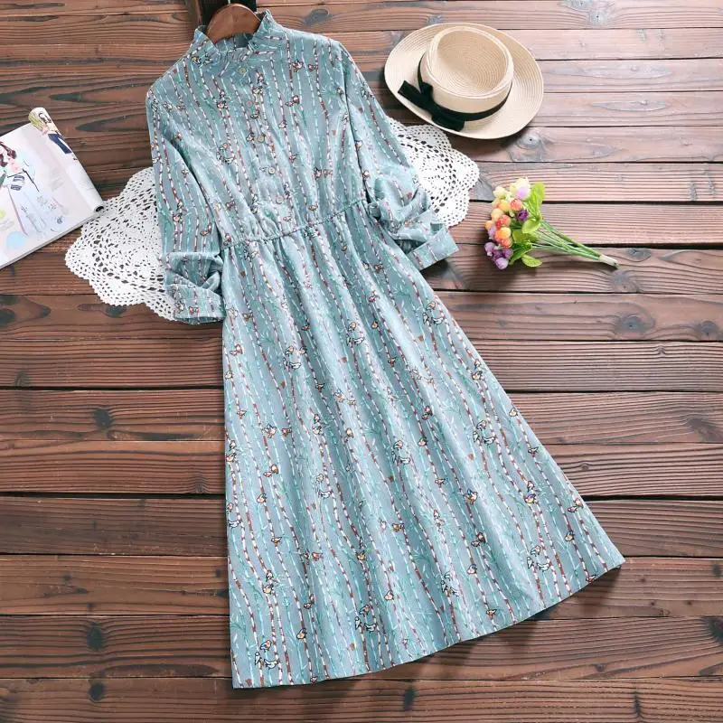 Mori girl robe Femme, новинка, Осень-зима, винтажное женское платье, Elbise, длинный рукав, высокая талия, цветочный принт, вельветовые платья - Цвет: Небесно-голубой