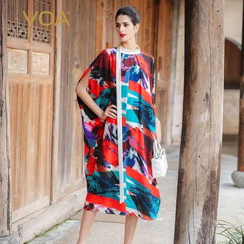 

VOA Casual Women Dresses Vestidos Largos De Verano Short Sleeve Straight Cloak Sleeves Plus Size Dress Loose Robe Clothes A7561