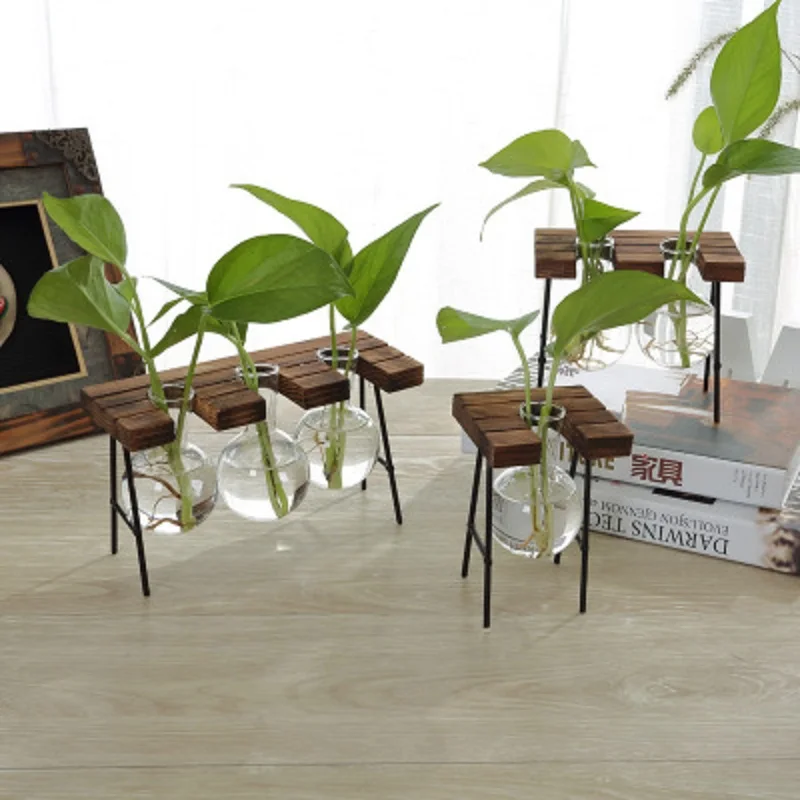 2018 New Year Creative Tabletop Wooden Plant Vase With Iron Holder