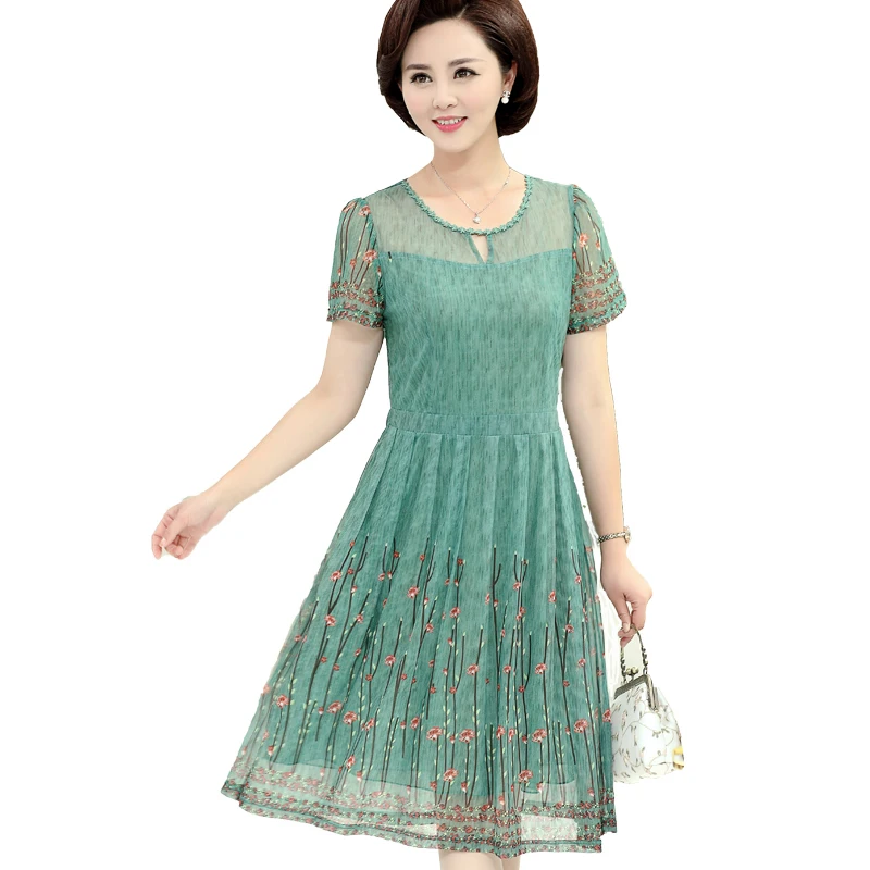 

Middle Aged Women Elegant Chiffon Dress 2019 Fashion Casual Floral Print O-Neck Short Sleeve Party Dresses Vestidos Plus Size