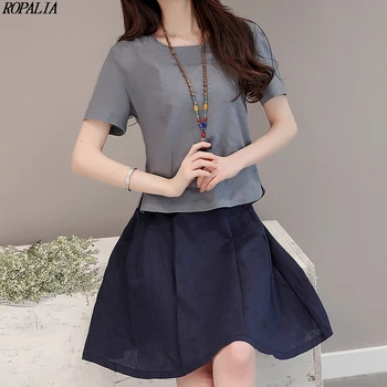 

Women's O-Neck Cotton & Linen Solid T-shirt Skirt Sets Casual Solid Short Sleeve Top+Mini Skirt 2 Piece Set