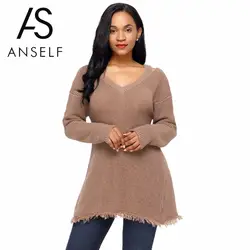 ANSELF/женские свитера больших размеров с длинными рукавами, вязаные пуловеры с v-образным вырезом, с вырезами, с заниженным плечом, свободные