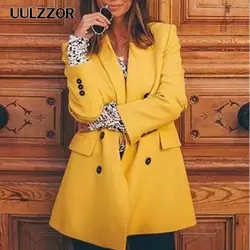 UULZZOR Женский блейзер желтый костюм Блейзер Куртка Офисная Леди Блейзер длинный рукав пальто Элегантная куртка с двумя пуговицами костюмы