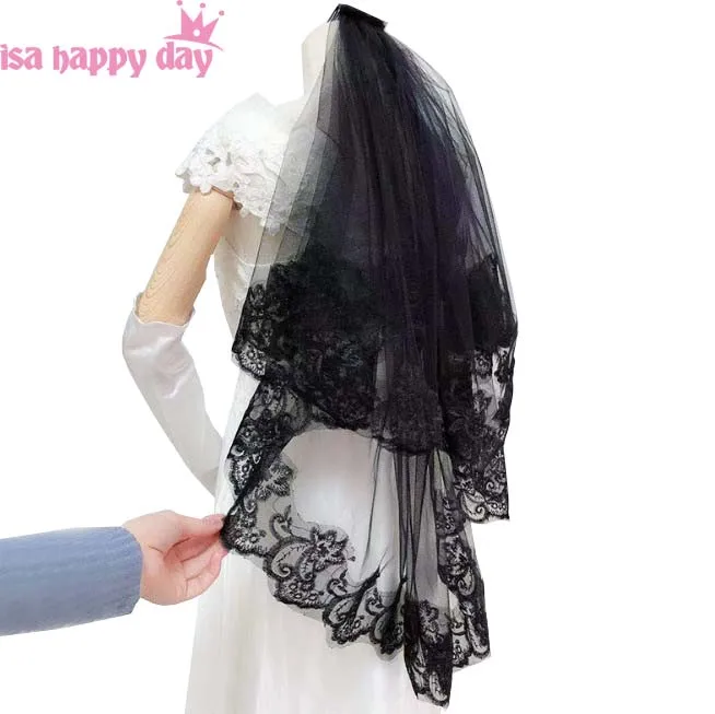 

2019 Fashion Two Layers Bridal Veil Black Tulle Wedding Veil With Comb Lace Edge Wedding Accessories Bridal Veils In Stock