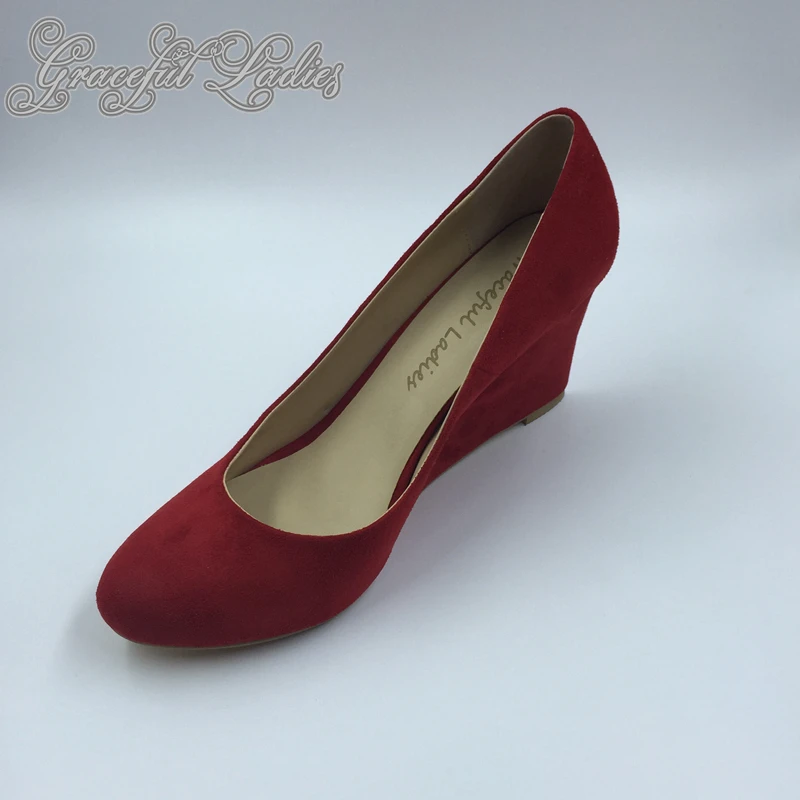 

Red Women Wedge Pointed Toe Slip-ons High Heels Size 34 Suede Leather Plus Size Custom Size Ladies Causal Shoes Spring Pumps