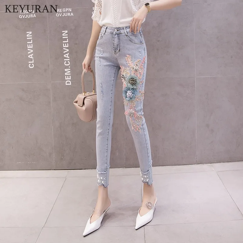 Женщина рваные эластичные женские облегающие джинсы Бисер 3D цветочный вышивка с высокой талией стрейч Зауженные джинсы Для женщин Карандаш Джинсовые штаны