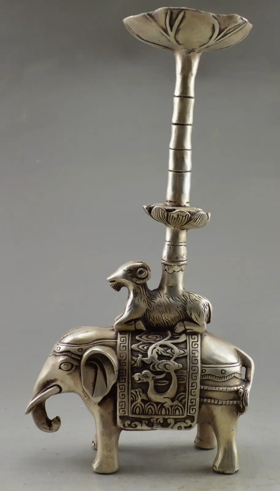 

Collectible Decorate Old Handwork Tibet Silver Carve Elephant Sheep Candle Stick