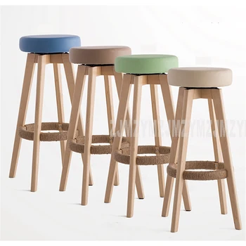

Wooden Swivel Bar Stools Modern Natural Finish Round PU Leather Sponge Soft Seat Backless Commerical Bar Furniture 74cm Height
