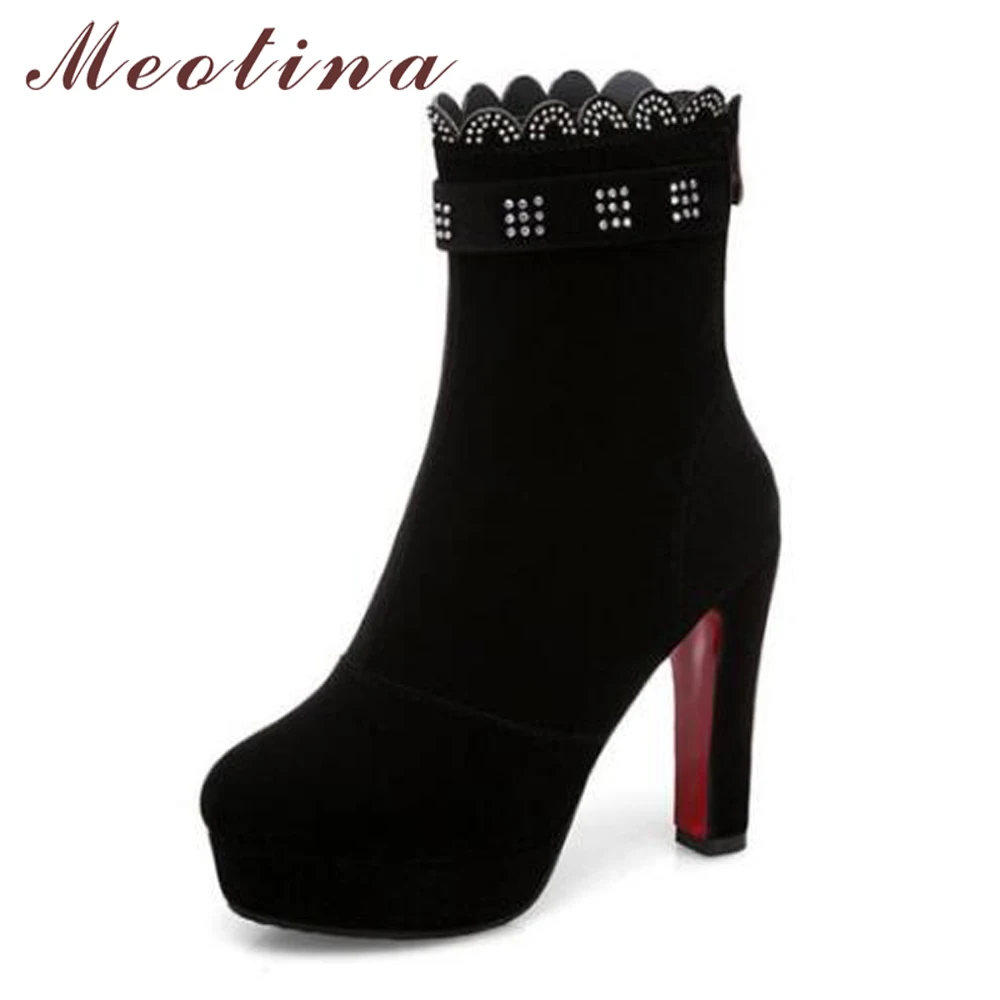 

Meotina Winter Ankle Boots Platform High Heel Short Boots Sexy Ruffles Rhinestone Zipper Ladies Bridal Shoes Red Black 34-43