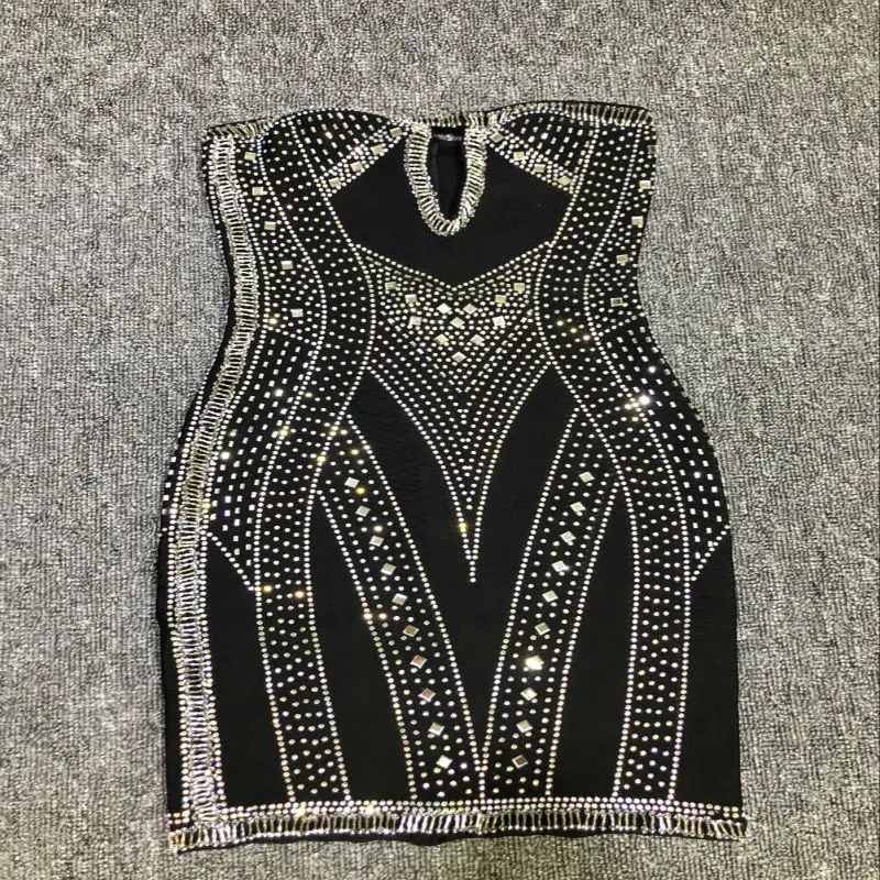 Модное Элегантное женское платье Vestidos мини осень черное Бандажное платье тяжелые бриллианты без бретелек Сексуальные вечерние Клубные платья