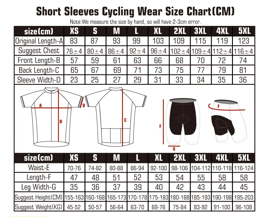 size chart of cycling jersey and cycling bib shorts