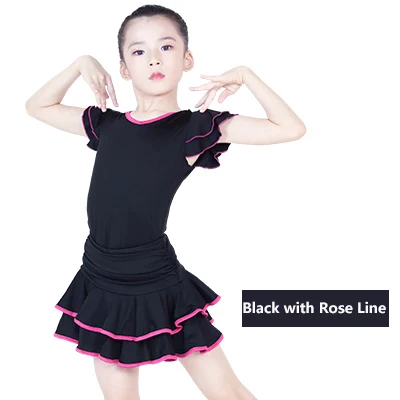 Black With Rose Line Детское платье для латинских танцев, костюм с v-образным вырезом и короткими рукавами, одежда для занятий танцами, юбка для латинских танцев для девочек - Цвет: Black With Rose Line