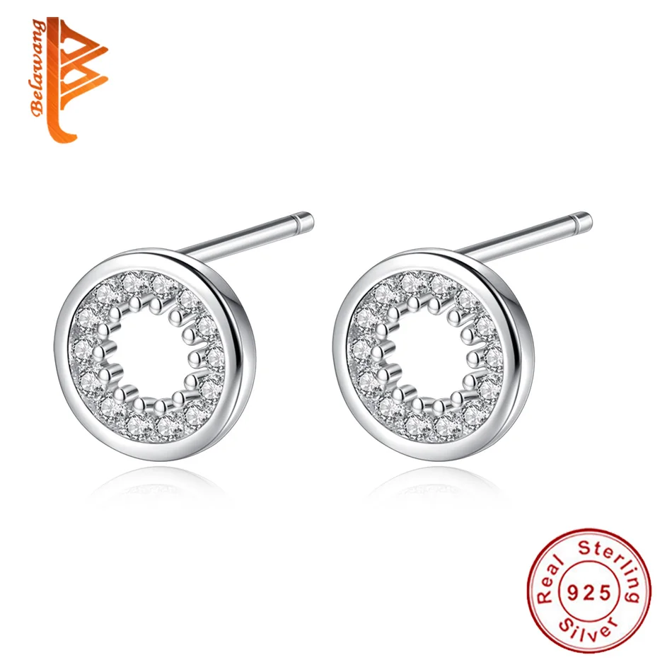

BELAWANG 925 Sterling Silver Clear CZ Circle Round Stud Earrings for Women Girls Minimalist Jewelry Fashion Accessories Gifts