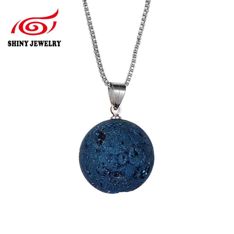 ShinyGem минеральный кристалл шар ожерелья Золото и серебро натуральный Друза камень ожерелья Луна планета, шар кулон ожерелья для женщин - Окраска металла: Blue silver chain