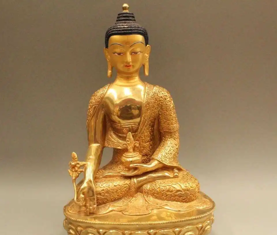 

13"Tibet Buddhism Bronze Gild Dragon Sakyamuni Shakyamuni Amitabha Buddha Statue
