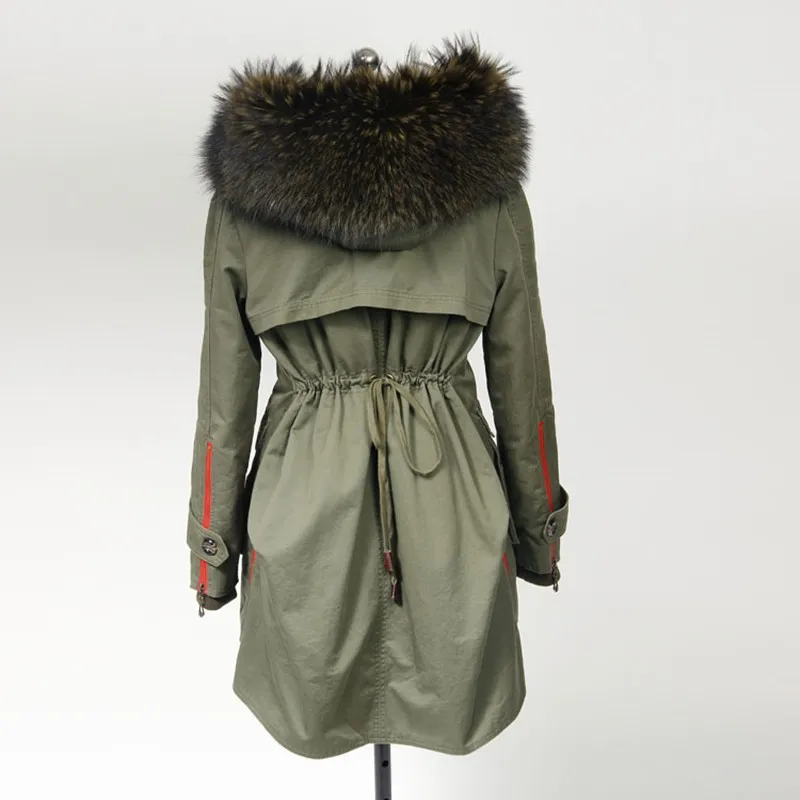 Новые модные зимние пальто женские куртки Воротник мех енота длинный Женщины улица Армейский зеленый черный
